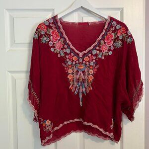Johnny Was Red Embroidered Top, Size S